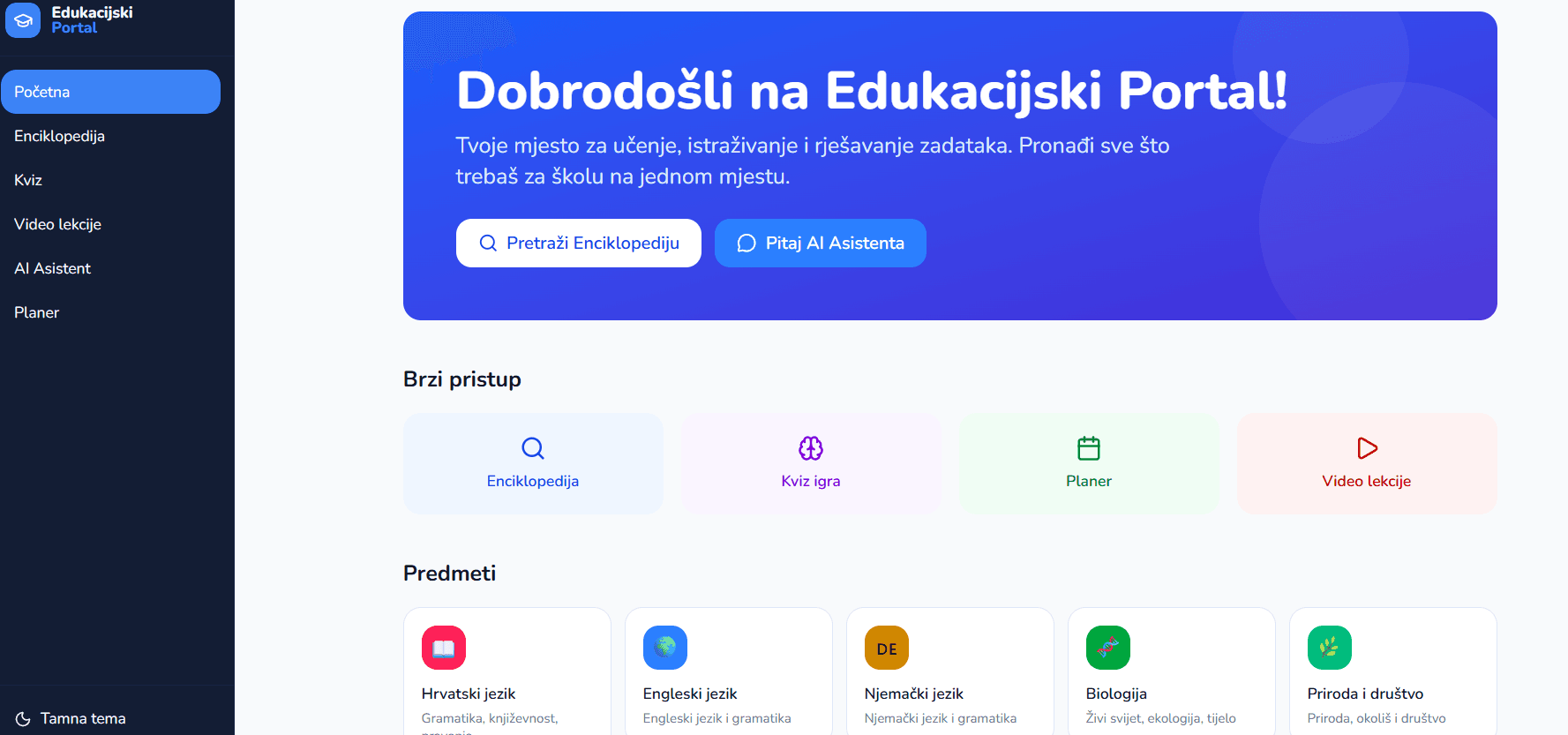 Snimka zaslona aplikacije Edukacijski AI asistent