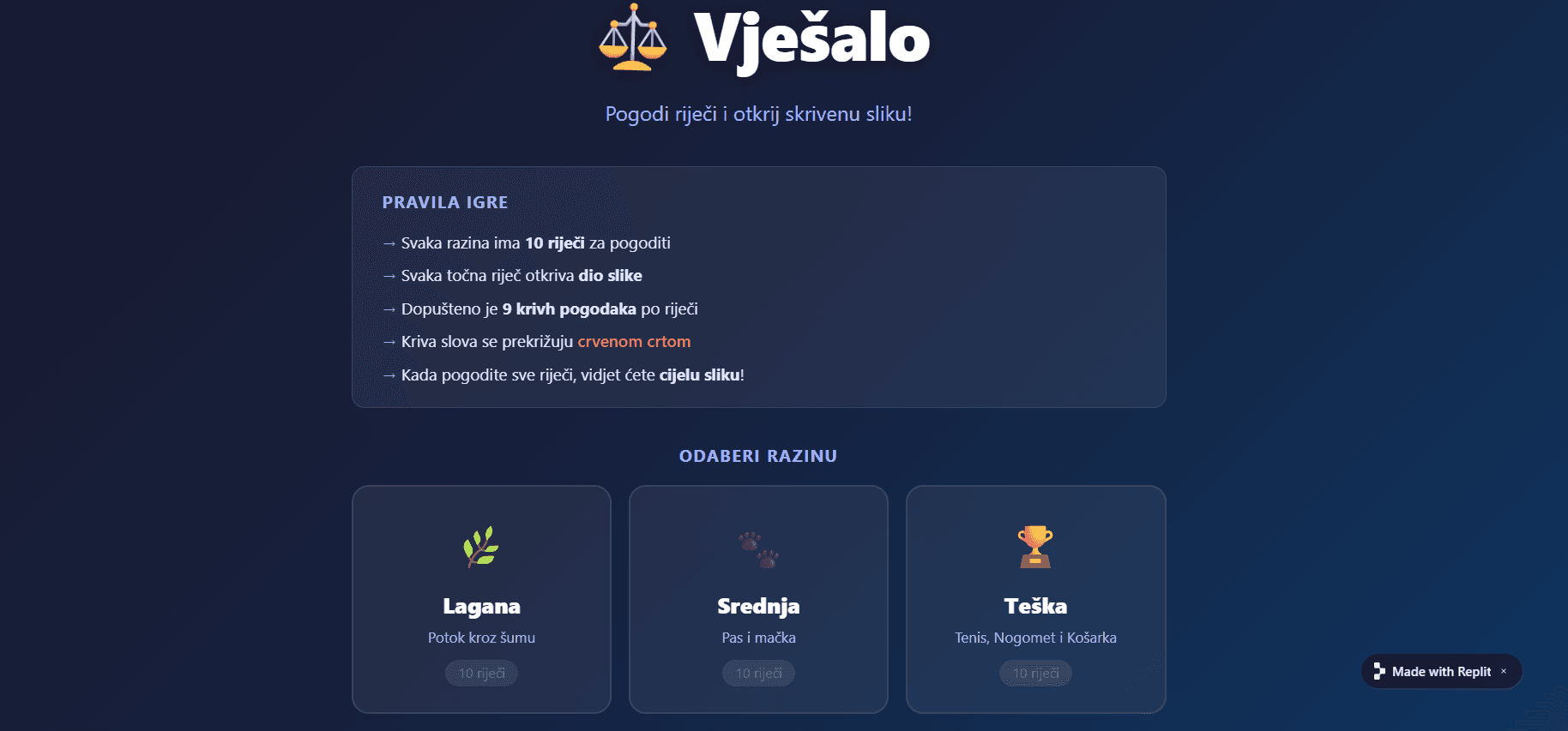 Snimka zaslona aplikacije Vješalo