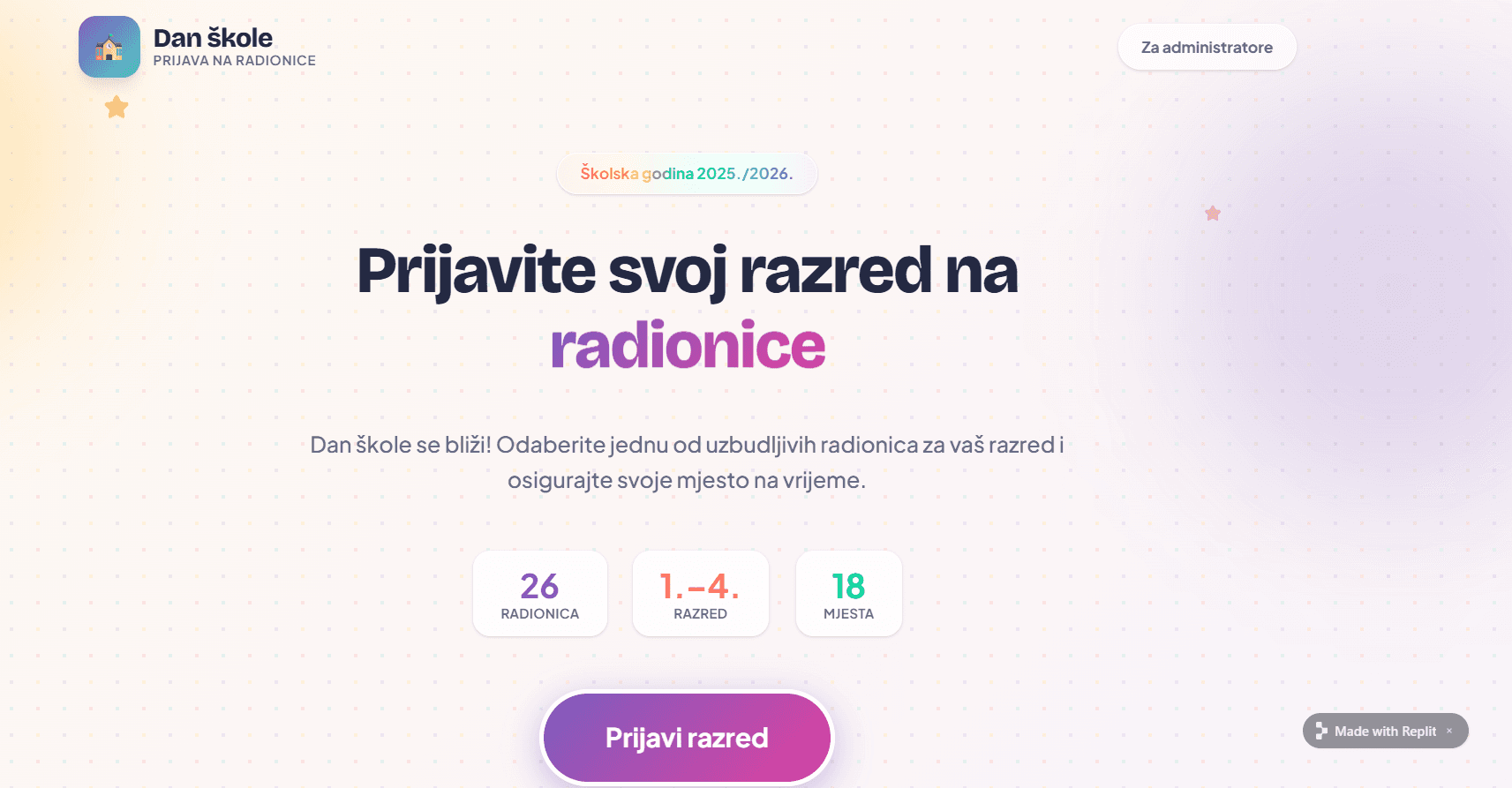 Snimka zaslona aplikacije Dan škole – Prijava na radionice