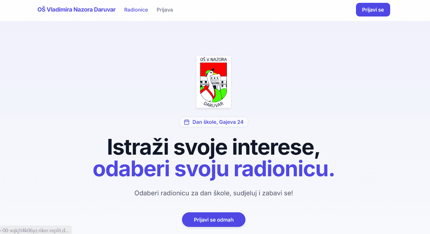 Snimka zaslona aplikacije Prijave na radionice za Dan škole – predmetna nastava