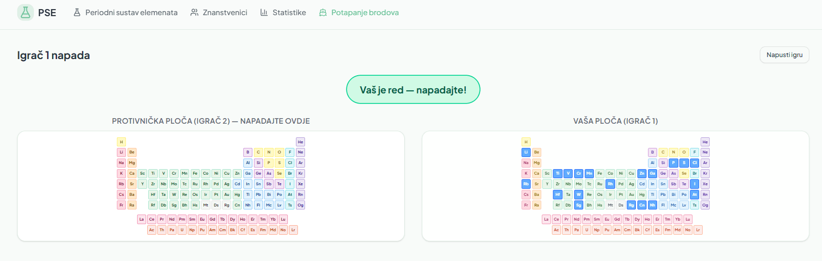 Snimka zaslona aplikacije PSE- Periodni sustav elemenata