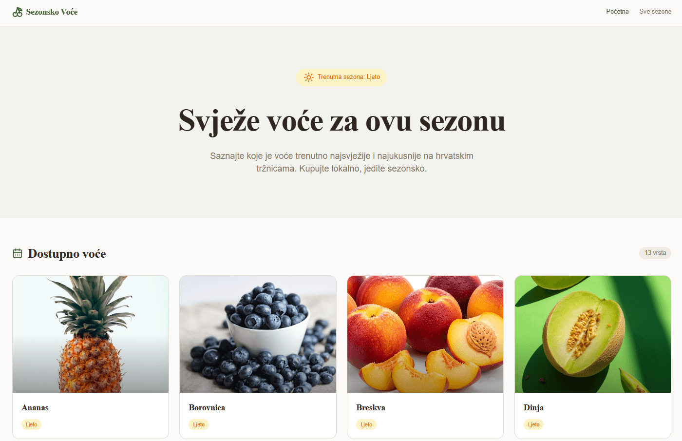 Snimka zaslona aplikacije Sezonsko voće
