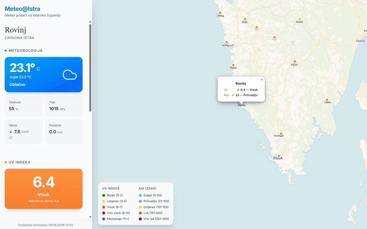 Snimka zaslona aplikacije Meteo@Istra