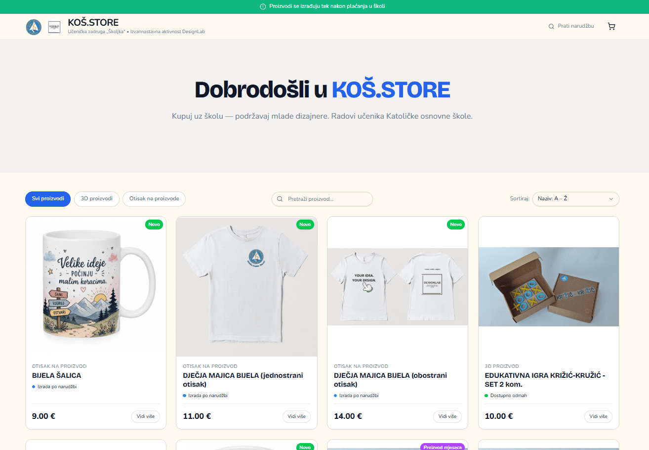 Snimka zaslona aplikacije KOŠ.STORE