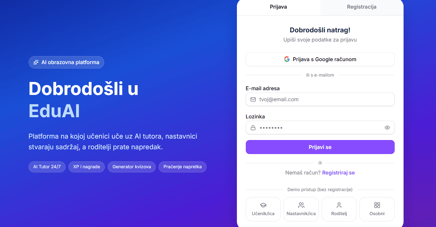Snimka zaslona aplikacije EduAI