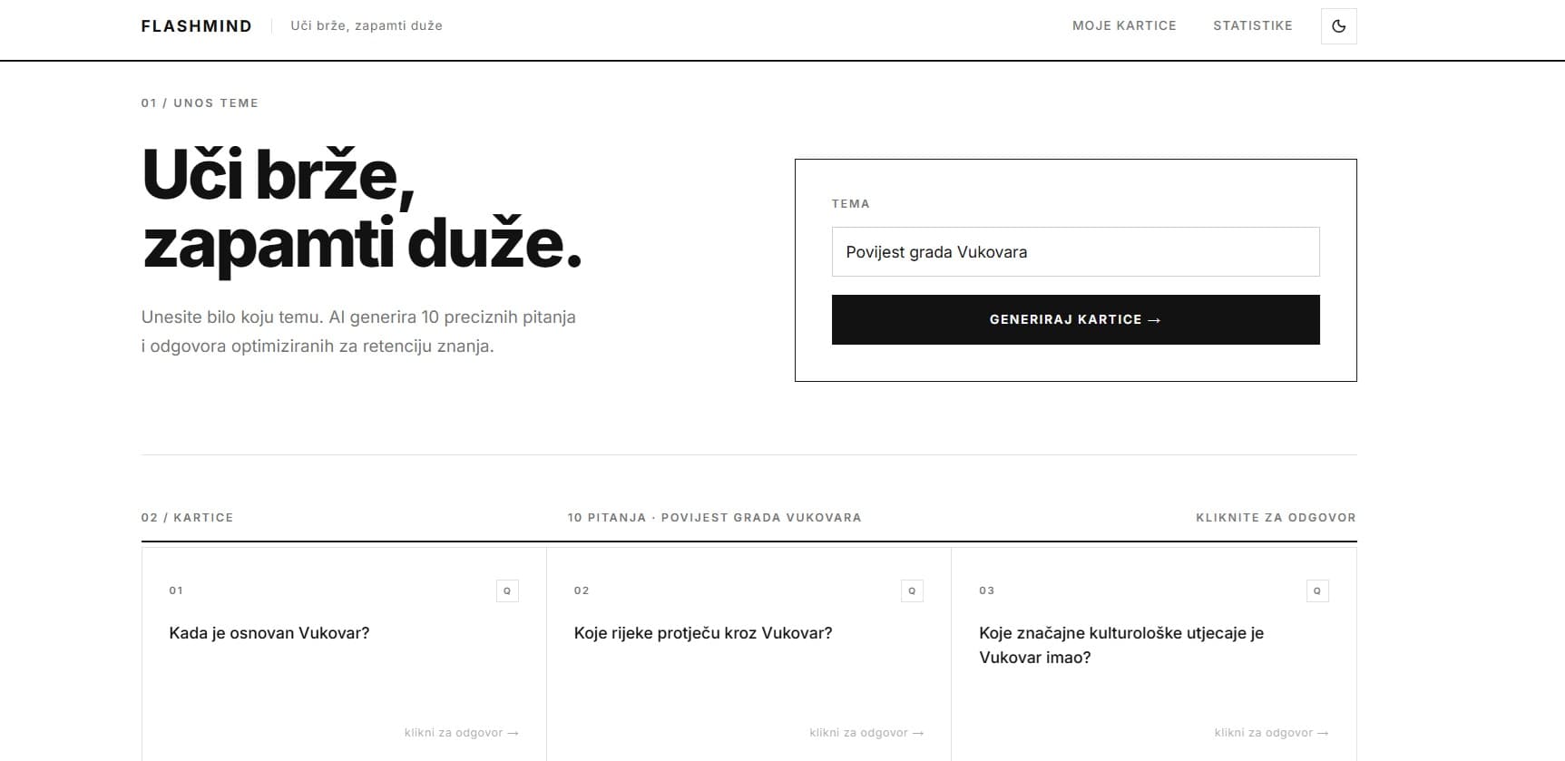 Snimka zaslona aplikacije Flash Card "Uči brže, zapamti duže."