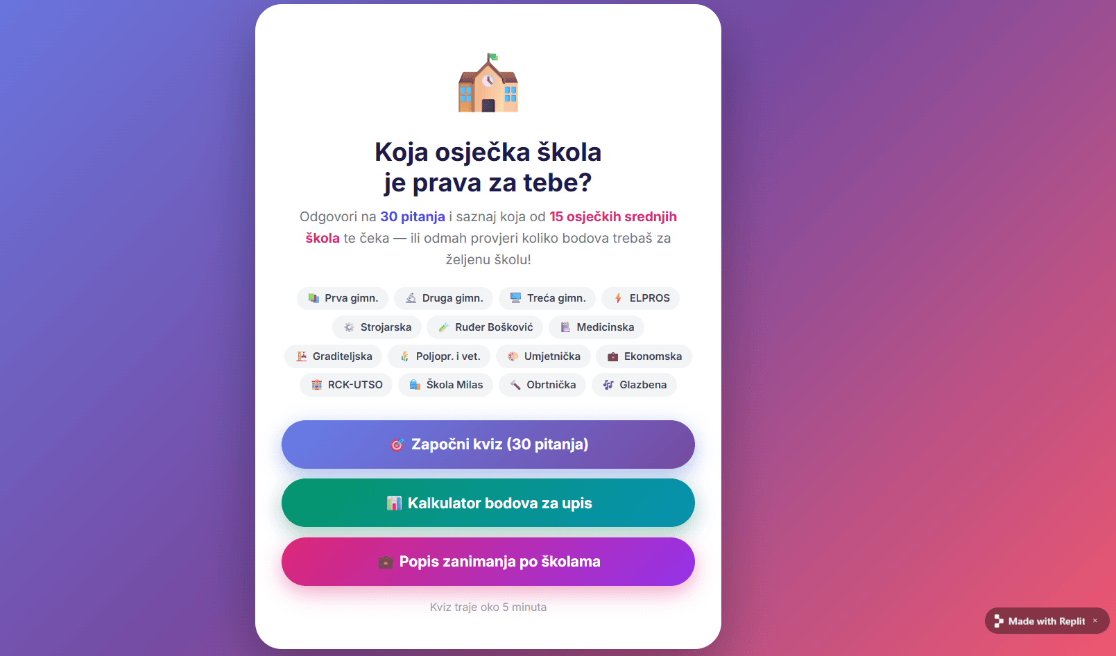 Snimka zaslona aplikacije Odabir željene srednje škole
