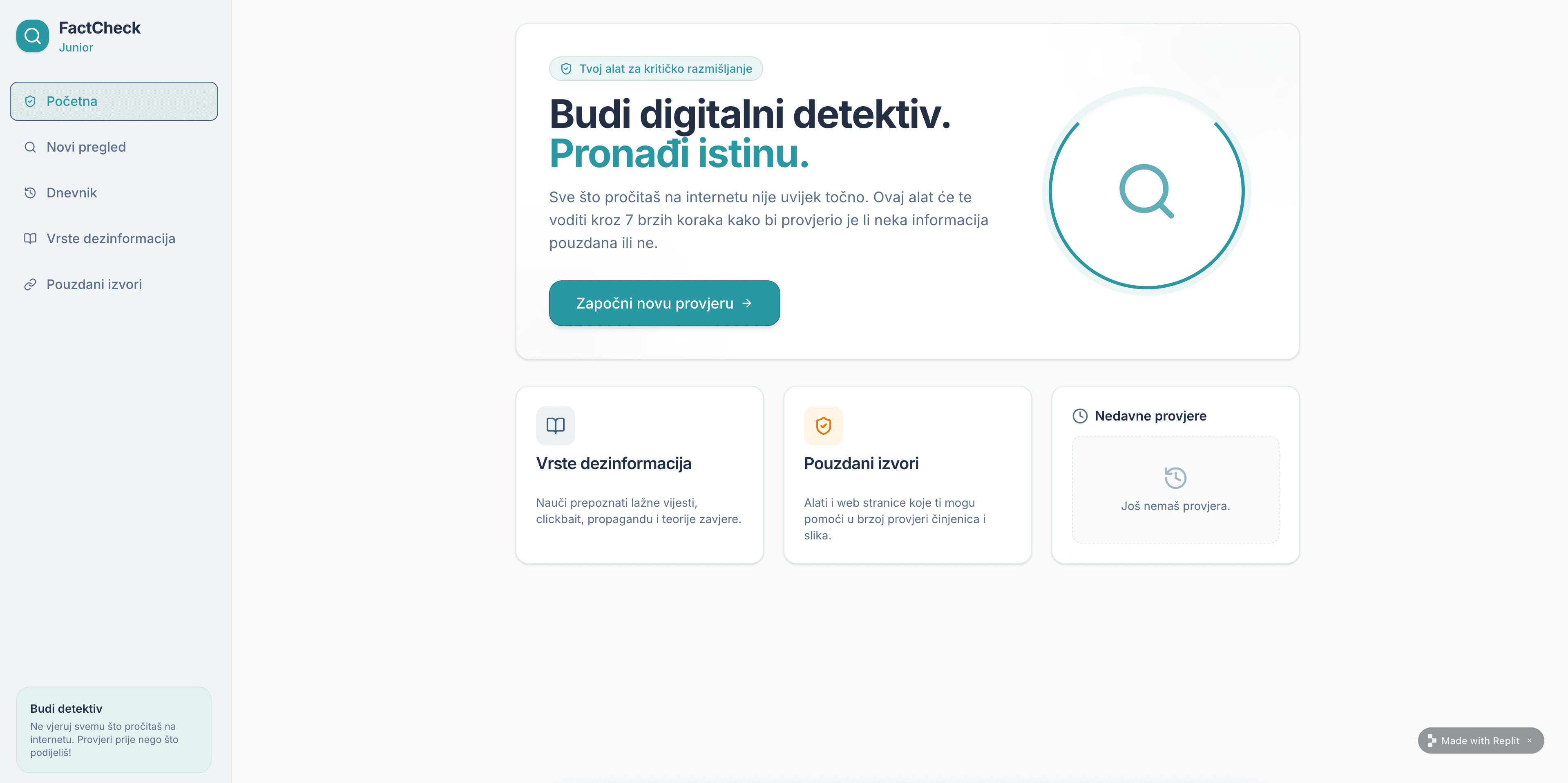 Snimka zaslona aplikacije FactCheck Junior – Vibe Coding App